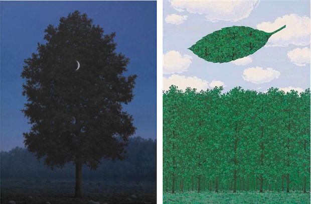 [left] René Magritte, The Sixteenth of September, 1956. Royal Museum of Fine Arts Antwerp, Artwork © 2020 Artists Rights Society (ARS), New York / Pro Litteris, Zurich [right] René Magritte, Le Choeur des Sphinges, 1964. Artwork © 2020 Artists Rights Society (ARS), New York / Pro Litteris, Zurich