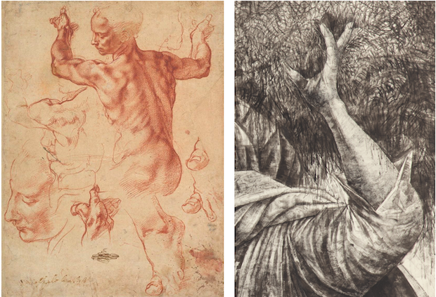 Michelangelo, Studies for the Libyan Sibyl, circa 1510-1511. The Metropolitan Museum of Art, [right] Detail of the present lot.
