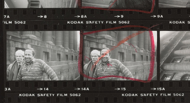 Robert Rauschenberg and Andy Warhol outside the Pergamon Museum; Andy Warhol contact sheets from March 2-5, 1982. Image copyright © 2020 Andy Warhol Foundation for the Visual