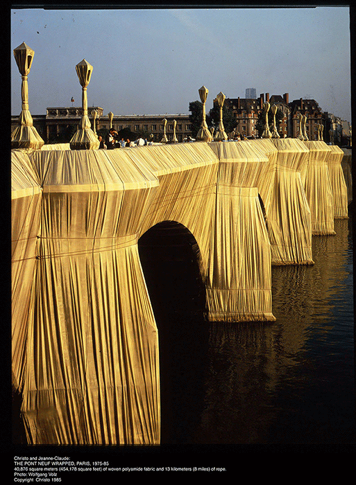 A photograph of the realised The Pont Neuf, Wrapped, Paris, 1985.