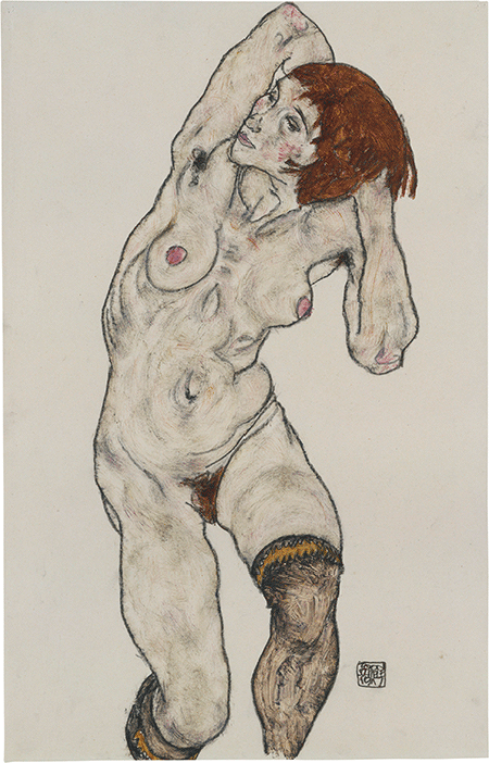 Egon Schiele, Standing Nude in Black Stocking, 1917, watercolor and charcoal on paper, Metropolitan Museum of Art, New York. Bequest of Scofield Thayer, 1982. Image: The Metropolitan Museum of Art/Art Resource/Scala, Florence.