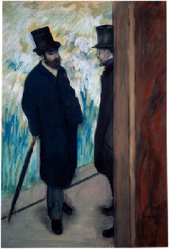 Edgar Degas, Portrait of the playwright and librettist Ludovic Halevy and Albert Boulanger-Cave standing backstage at the Opera, 1879, pastel, Musée d'Orsay, Paris. Image: Photo Josse/Bridgeman Images