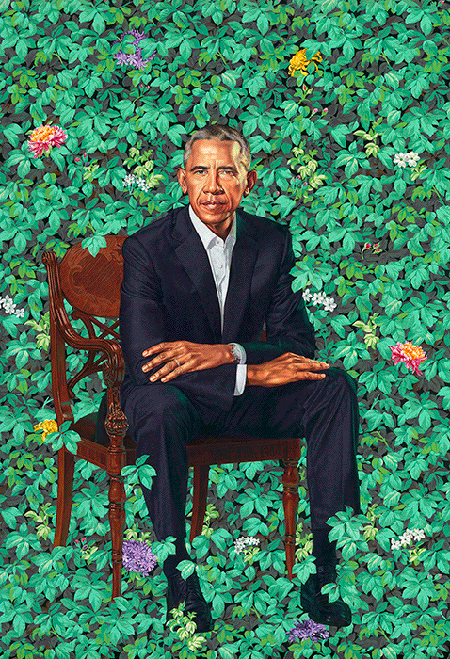 Kehinde Wiley, President Barack Obama, 2018, oil on canvas, National Portrait Gallery, Smithsonian Institution, Washington DC. © 2020 Kehinde Wiley. Image: Courtesy of the National Portrait Gallery, Smithsonian Institution, Washington DC.