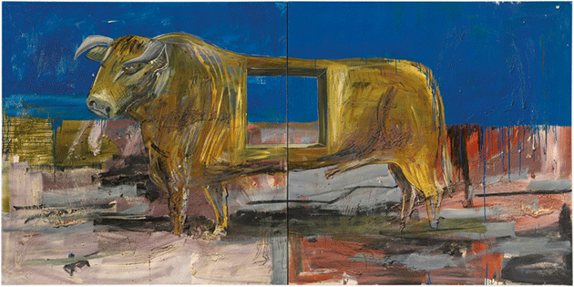 Albert Oehlen, Bull with Horn, 1986, oil and resin on canvas, private collection.  Image: © Christie's Images / Bridgeman Images. © Albert Oehlen. All Rights Reserved, DACS 2021.