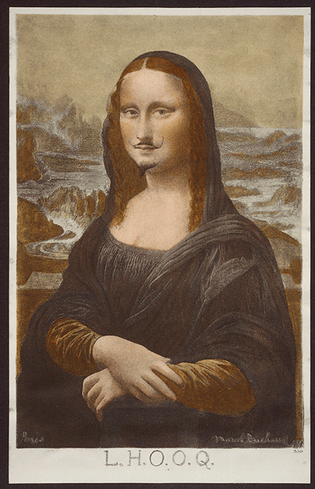 Marcel Duchamp, Mona Lisa (L.H.O.O.Q), 1919, ready made with pencil, Philadelphia Museum of Art. Image: Scala Images.