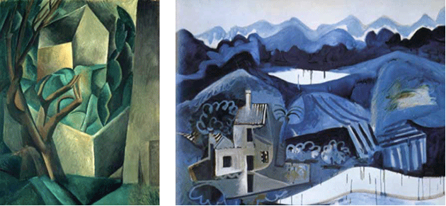 [left] Pablo Picasso, House in a Garden (La Rue des Bois), 1908. Pushkin Museum of Fine Arts, Moscow, Photo credit: Scala / Art Resource, NY, Artwork © 2020 Estate of Pablo Picasso/Artists Rights Society (ARS), New York [right] [right] Pablo Picasso, Paysage à Mougins, 1962-1963. Private Collection, Artwork © 2020 Estate of Pablo Picasso/Artists Rights Society (ARS), New York