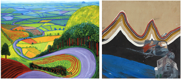 [left] David Hockney, Garrowby Hill, 1998. Museum of Fine Arts, Boston, Artwork © David Hockney [right] David Hockney, Flight into Italy – Swiss Landscape, 1962. Stiftung Museum Kunstpalast, Dusseldorf, Artwork © David Hockney