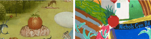 [left] Hieronymus Bosch, Garden of Earthly Delights, 1490-1510 (detail). Museo del Prado, Madrid, [right] Detail of the present lot.  