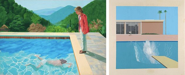 [left] David Hockney, Portrait of an Artist ( Pool with Two Figures), 1972. Artwork © David Hockney [right] David Hockney, A Bigger Splash, 1967. Tate Gallery, London, Photo credit © Tate, London / Art Resource, NY, Artwork © David Hockney