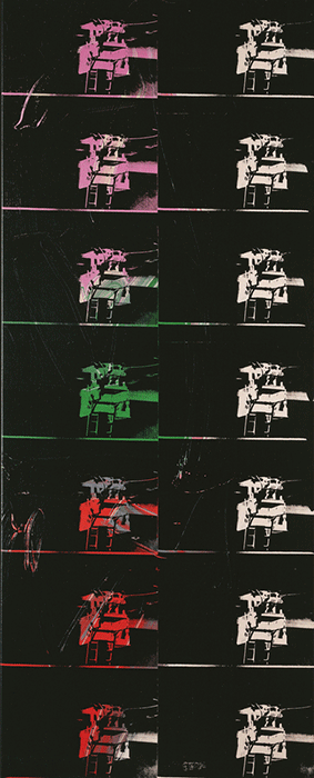 Andy Warhol, Fourteen Small Electric Chairs (Reversal Series), 1980, silkscreen inks and synthetic polymer on canvas, Private Collection. Image: Bridgeman Images