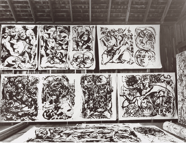 The ‘black paintings’ in Jackson Pollock’s studio, 1950. Photograph by Hans Namuth. Courtesy Center for Creative Photography, University of Arizona © 1991 Hans Namuth Estate.  (paintings Number 8, Number 9, Number 22 and Number 27 in this photograph were made into prints)