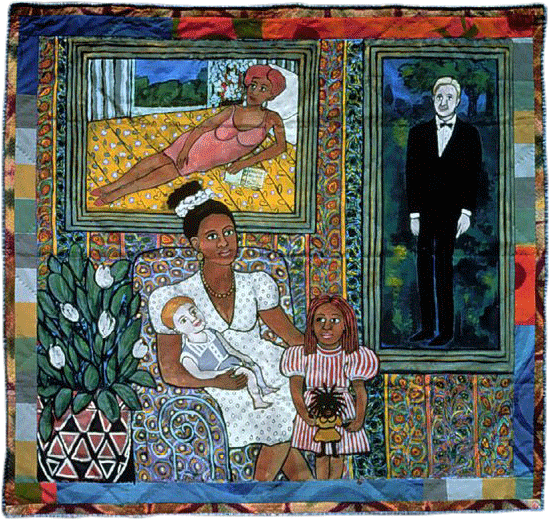 Faith Raingold, A Family Portrait, 1997, acrylic on canvas, painted and pieced border, private collection.  Image: © Fred Scruton. © Faith Ringgold / ARS, NY and DACS, London, Courtesy ACA Galleries, New York 2021. 