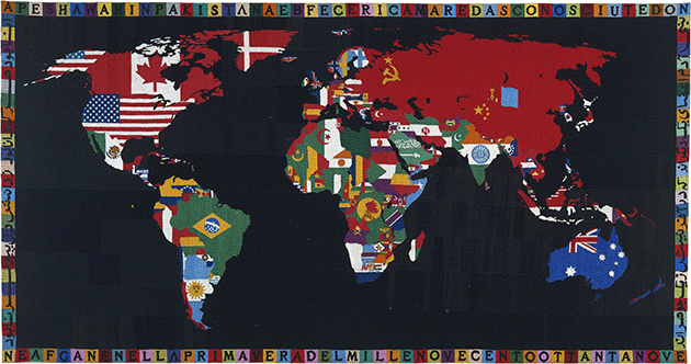 Alighiero Boetti, Map of the World, 1989, embroidery on fabric, Museum of Modern Art, New York. Image: The Museum of Modern Art, New York/Scala, Florence.  Anatsui's Preferred Material
