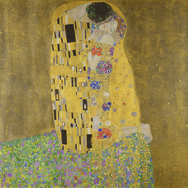 Gustav Klimt, The Kiss, 1907-1908, oil on canvas, Osterreichische Galerie Belvedere, Vienna.  Image: Bridgeman Images.  