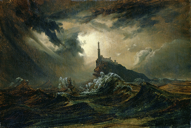 Karl Blechen, Stormy sea with Lighthouse, c.1826, oil on canvas, Hamburger Kunsthalle, Germany. Image: Bridgeman Images. 