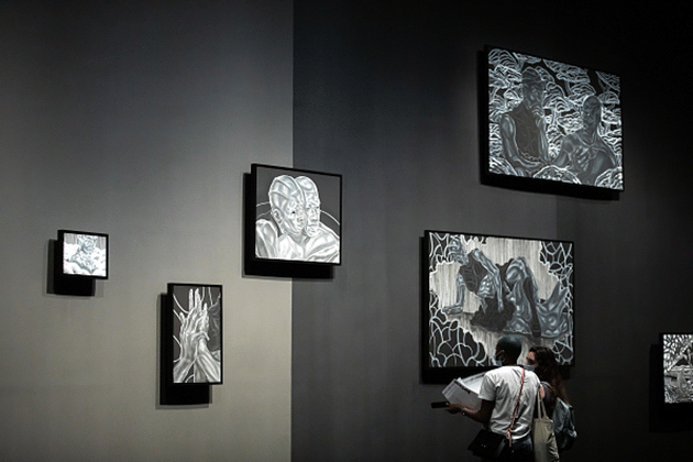 Installation of Toyin Ojih Odutola: A Countervailing Theory at The Curve, Barbican Centre, London, 10 August 2020. Photograph: Tim P. Whitby. Getty Images for Barbican Art Gallery.
