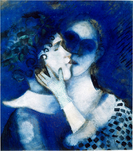 Marc Chagall, Lovers in Blue, 1914, oil on cardboard, Private Collection. Image: Scala, Florence. © ADAGP, Paris and DACS, London 2021.