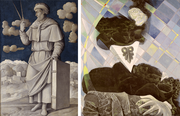 Girolamo Mocetto, Portrait en pied d’Euclid, (325-265 avant JC), mathematician grec, 1531, Musée Jacquemart-Andre, Paris Max Ernst, Euklid, 1945, The Menil Collection, Houston, Texas, Photo credit Bridgeman Images © ADAGP, Paris and DACS, London 2021 