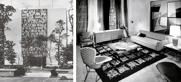 Left: The U.S. Embassy in Caracas, designed by Don Hatch with a monumental screen on the façade designed by Harry Bertoia, 1958. Right: Galeria Don Hatch display featuring Knoll furniture designed by Harry Bertoia. Left: Credit to come. Right: Credit to come. Craft Horizons, September/October 1958.