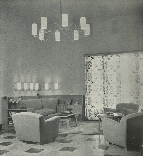 The present model ceiling light in an interior designed by Jean Royère in Lebanon, circa 1949. Credit to come.